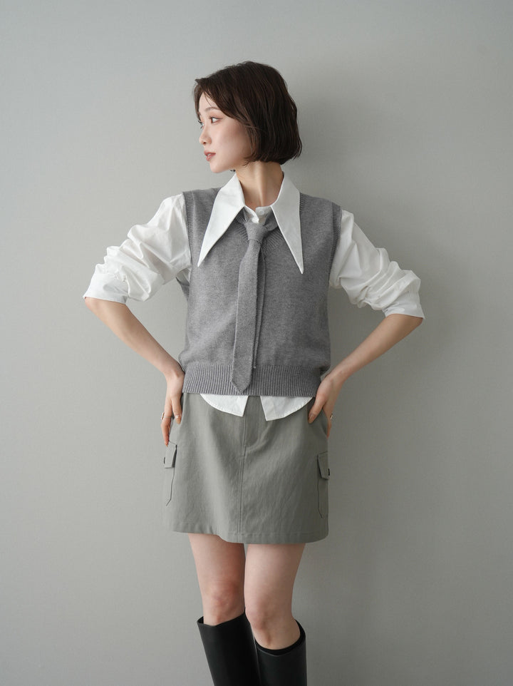 【套裝】蝴蝶結針織背心套裝襯衫+繫帶工裝迷你裙（兩件組）