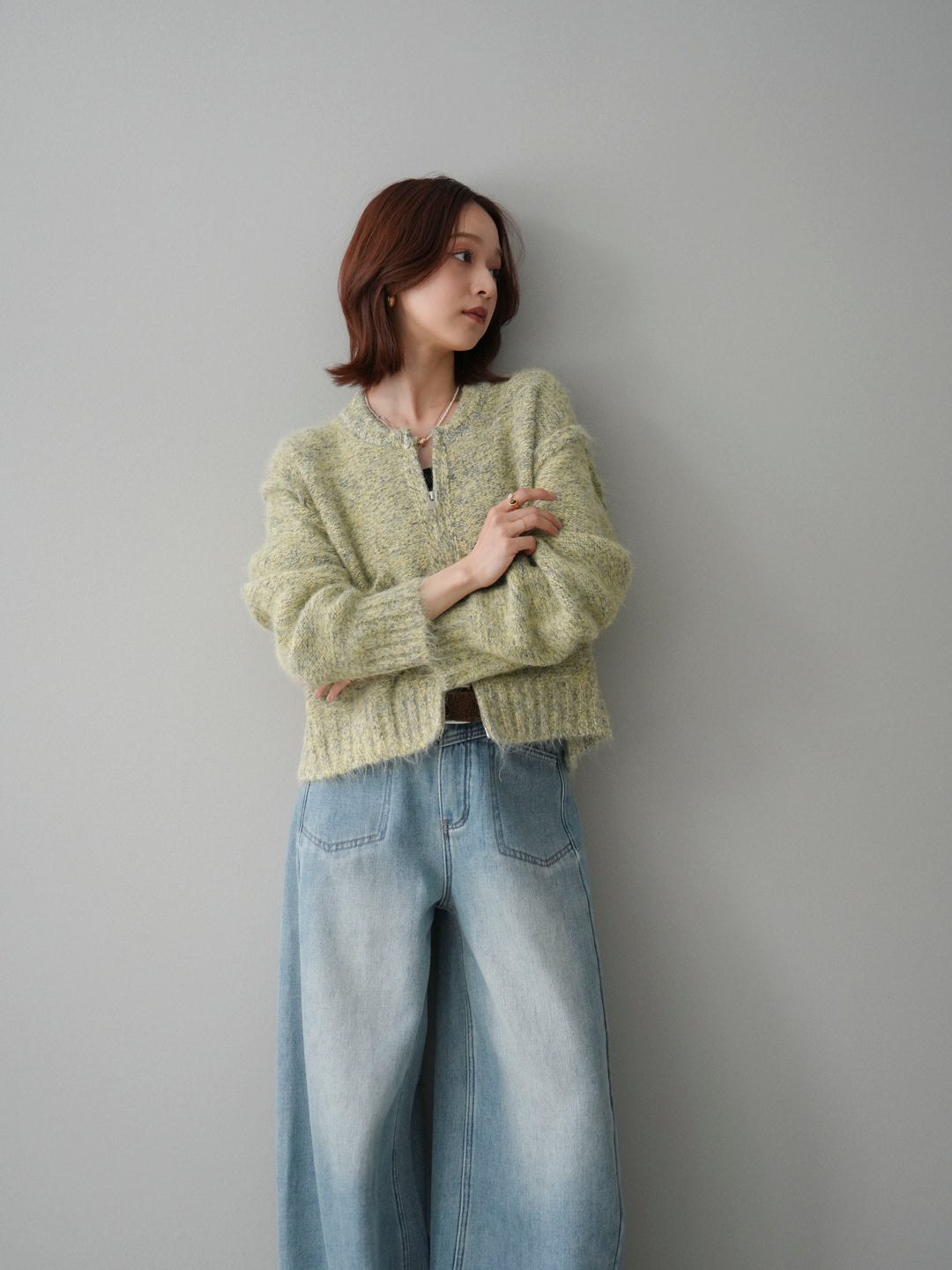 [SET]ミックスヤーンダブルZIPニットカーディガン+ベルト付裏起毛カーブデニムパンツ(2set)