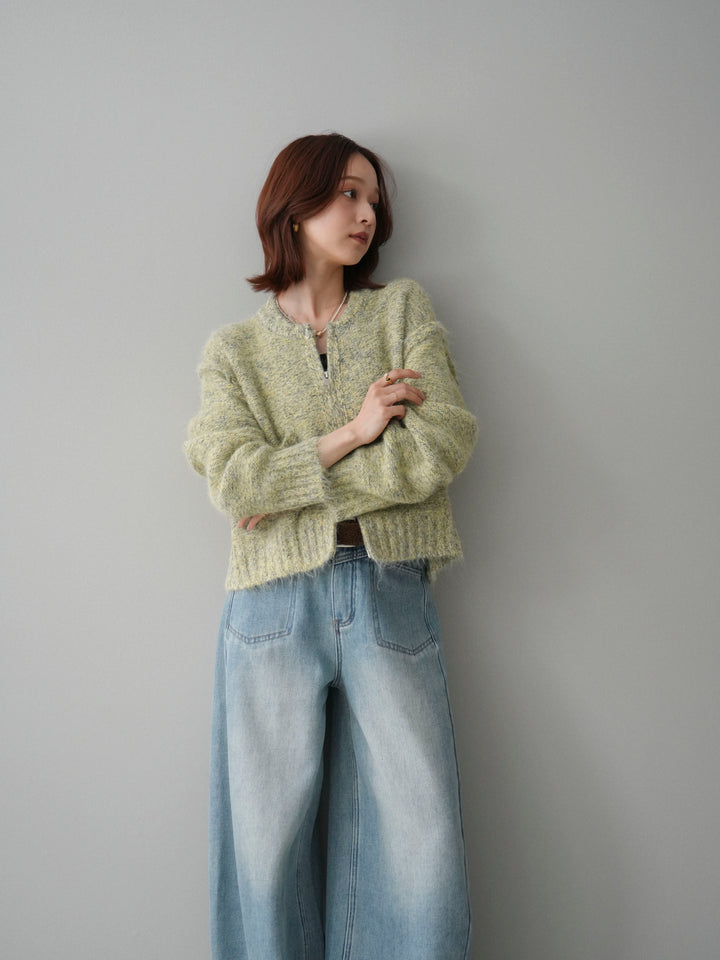 [SET]ミックスヤーンダブルZIPニットカーディガン+ベルト付裏起毛カーブデニムパンツ(2set)