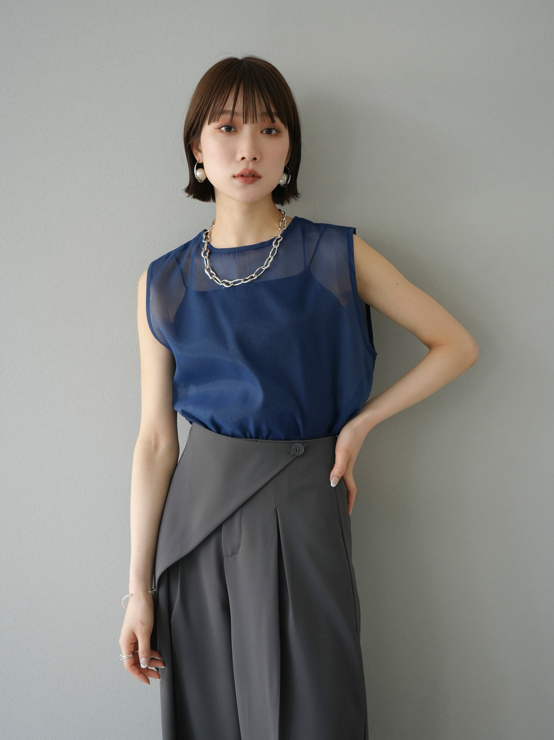 [SET] Organza sleeveless top + wrap wide pants (2set)