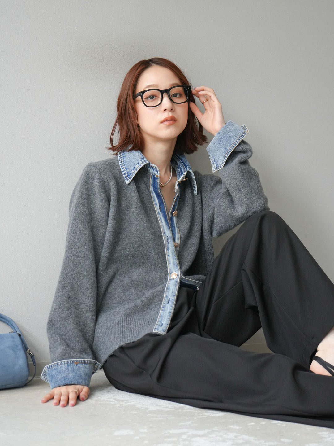 [SET]デニム襟ボタンニットカーディガン+エステルタックワイドパンツ(2set)