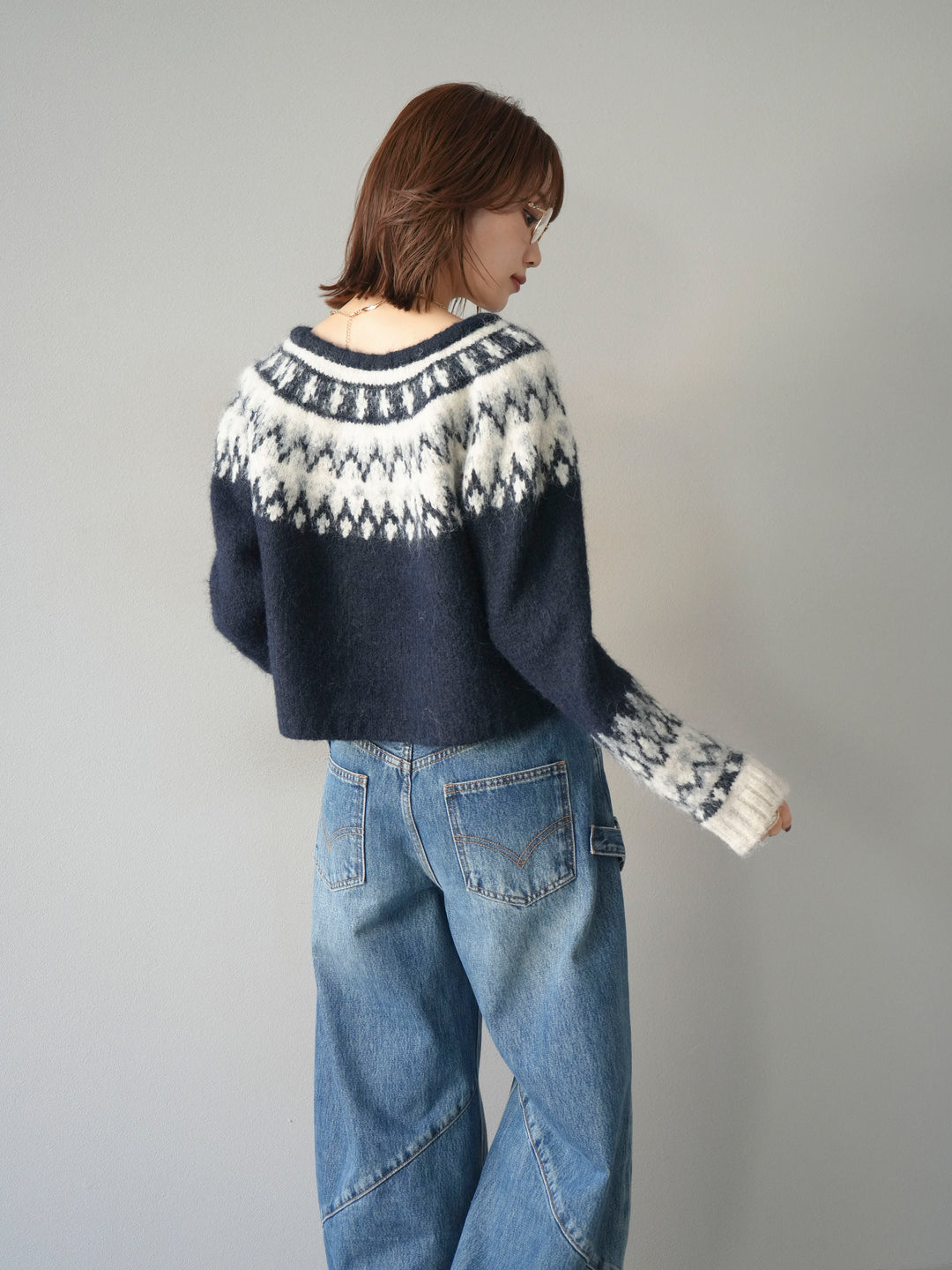 【着回しセット】[SET]求心柄クロップドニットカーディガン+ミックスヤーンペイズリー柄ニットカーディガン+ペインターカーブデニムパンツ(3set)