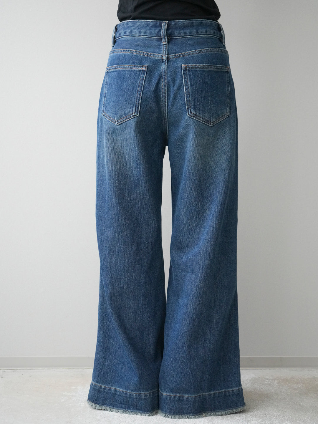 [予約]裏起毛裾フリンジワイドデニムパンツ/darkblue