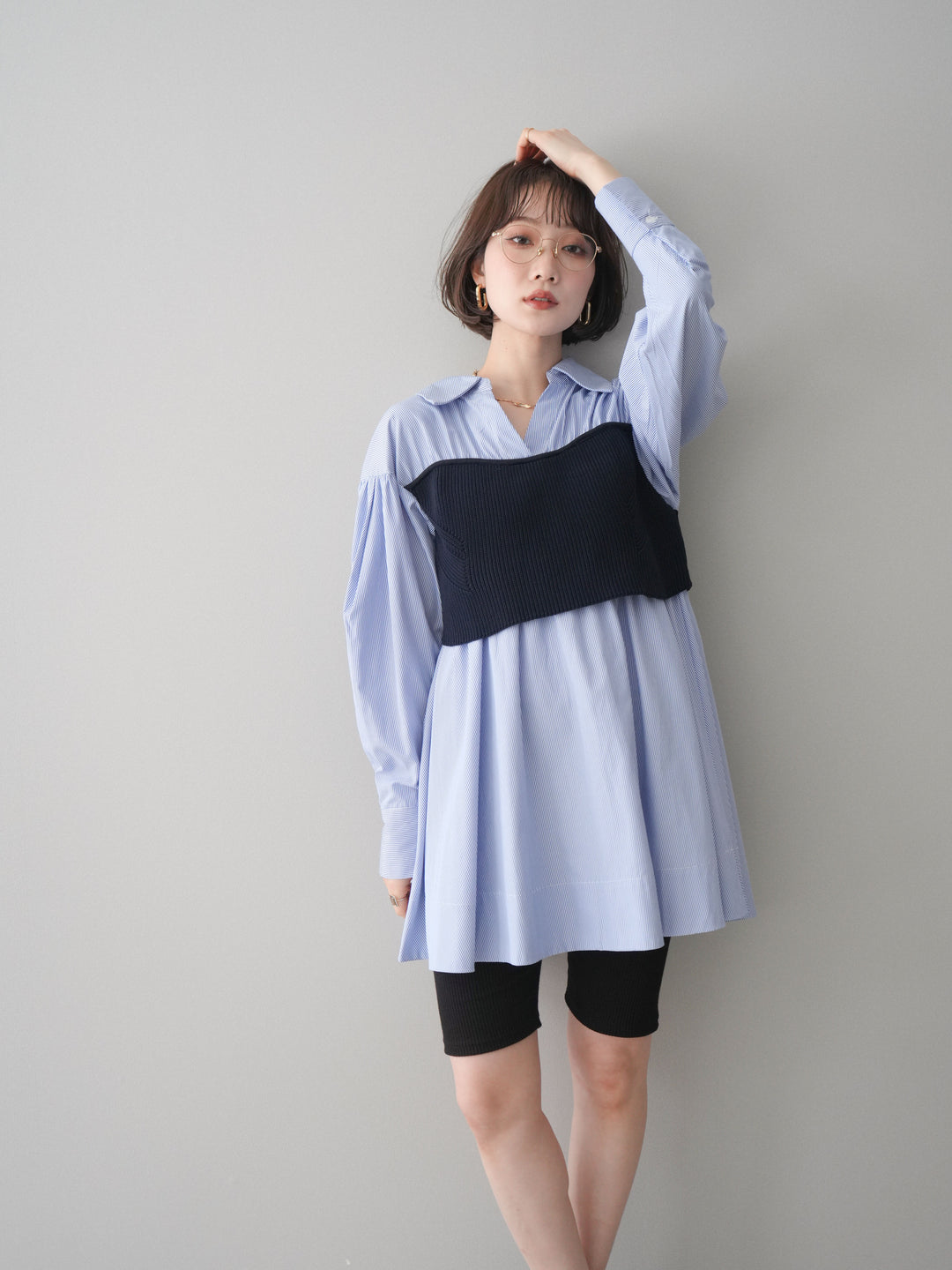 [予約]ニットビスチェドッキングフレアシャツチュニック/stripe