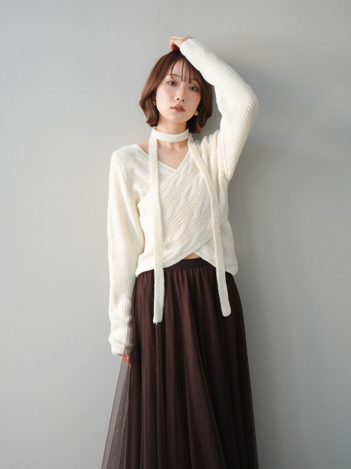 [予約]ケーブル編みクロスニットトップス/white