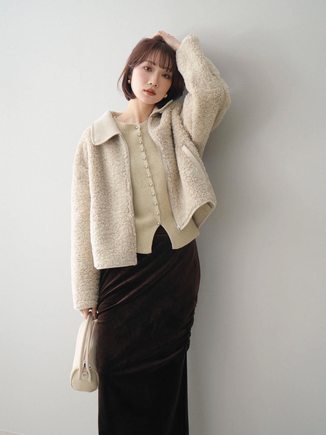[予約]スエード襟ボアショートジャケット/beige