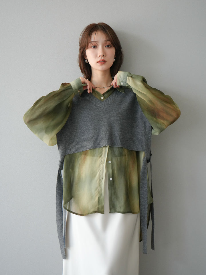 [予約]サイドリボンVネックショートニットベスト/チャコール