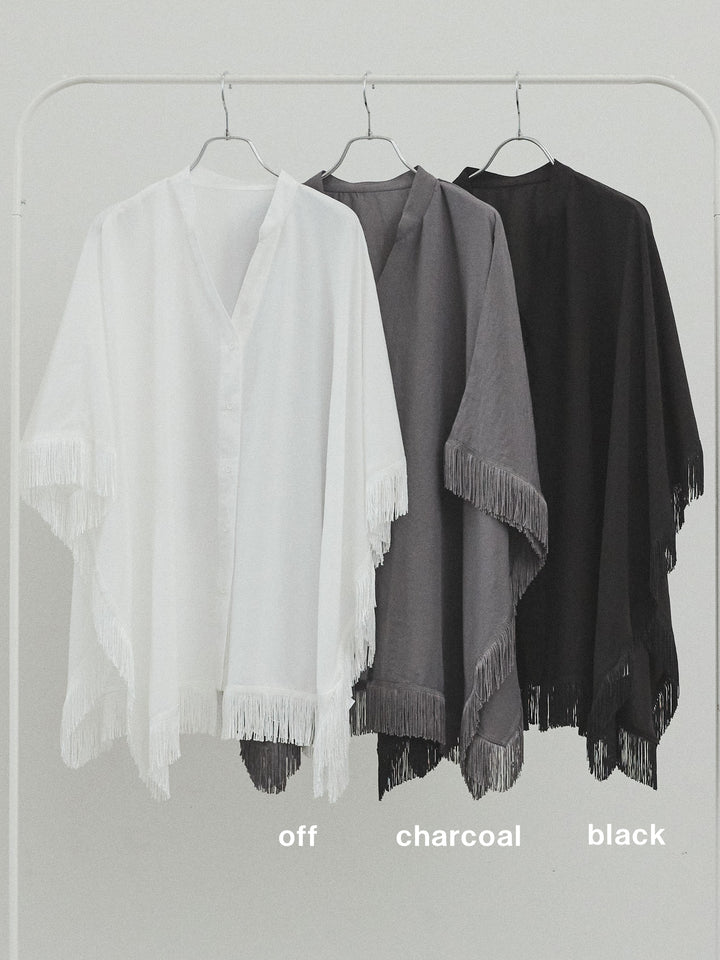 [SET] 方形流蘇斗篷襯衫 + 亞麻觸感褶皺寬褲 (2 件套)