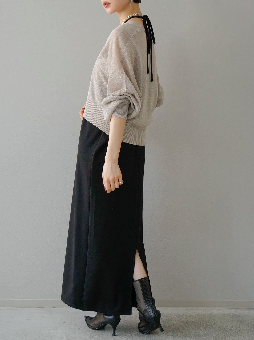 [SET] Lame sheer knit cardigan + design neck backless camisole dress (2set)