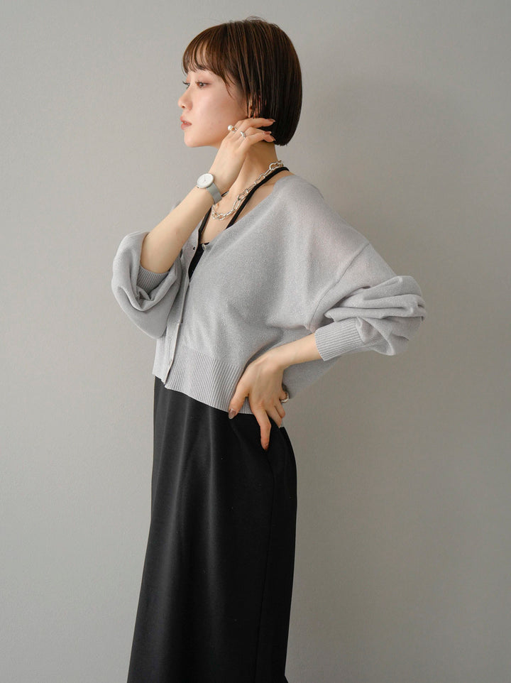 [SET] Lame sheer knit cardigan + design neck backless camisole dress (2set)