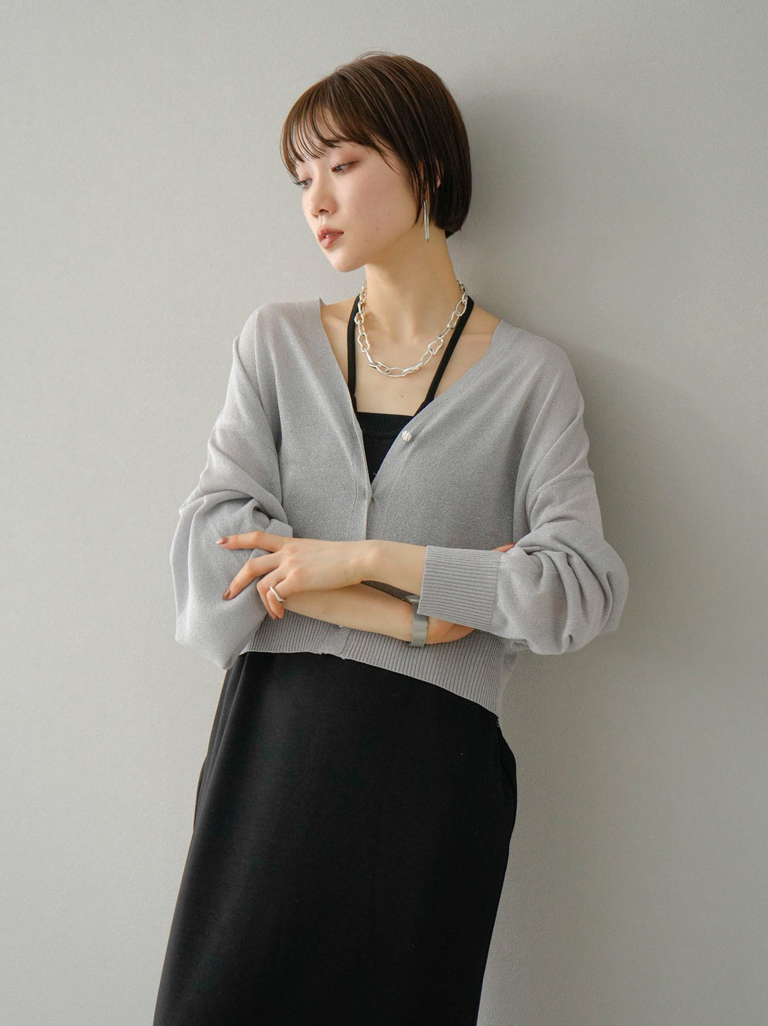 [SET] Lame sheer knit cardigan + design neck backless camisole dress (2set)