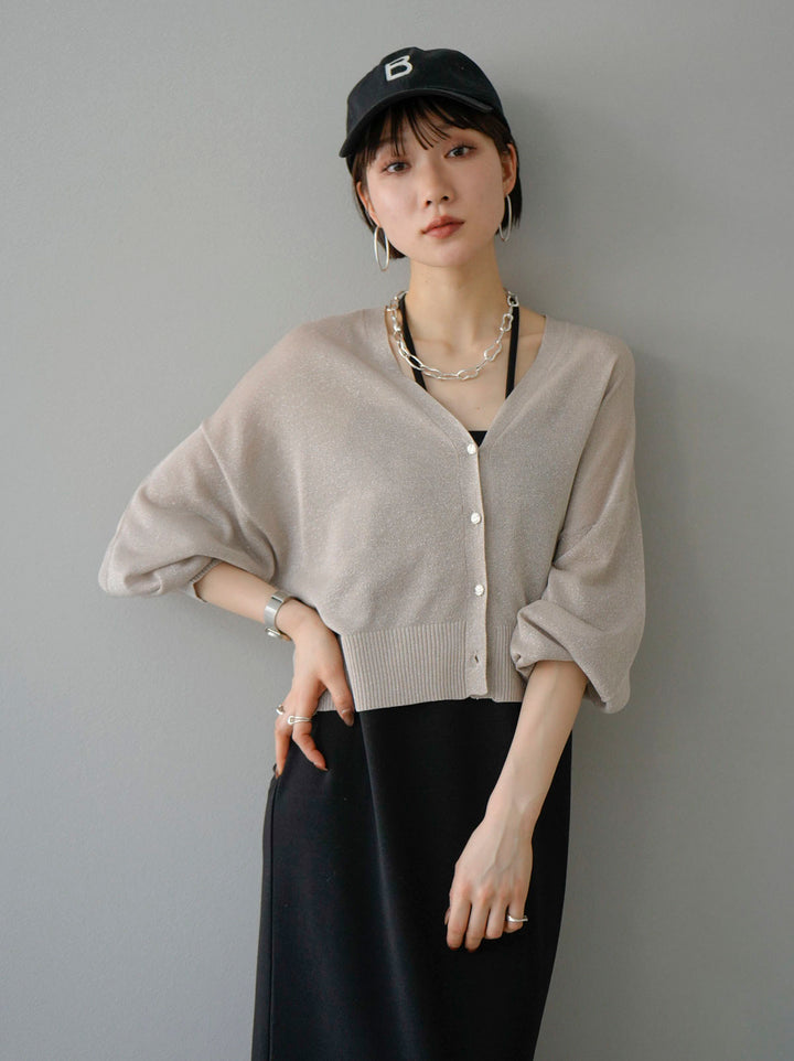 [SET] Lame sheer knit cardigan + design neck backless camisole dress (2set)