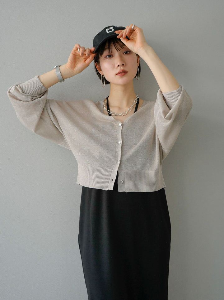 [SET] Lame sheer knit cardigan + design neck backless camisole dress (2set)