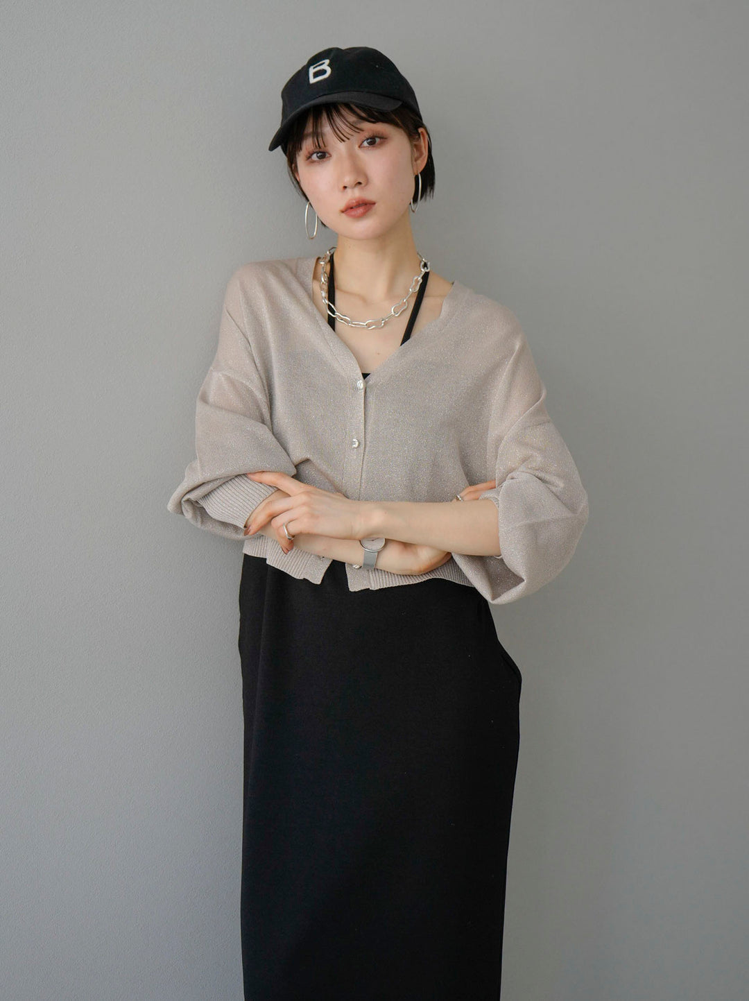 [SET] Lame sheer knit cardigan + design neck backless camisole dress (2set)