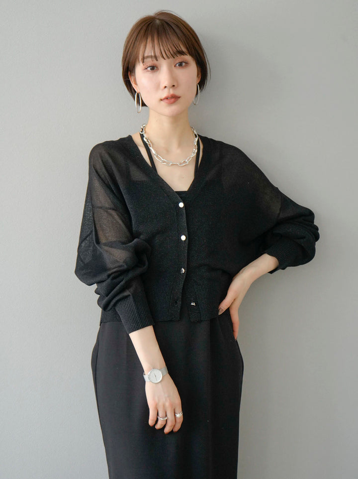 [SET] Lame sheer knit cardigan + design neck backless camisole dress (2set)