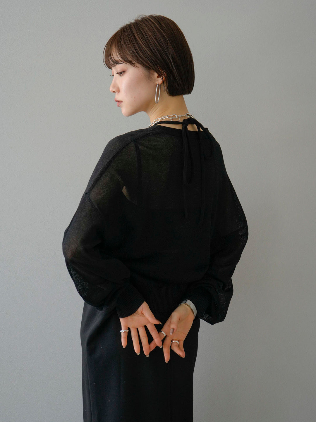 [SET] Lame sheer knit cardigan + design neck backless camisole dress (2set)