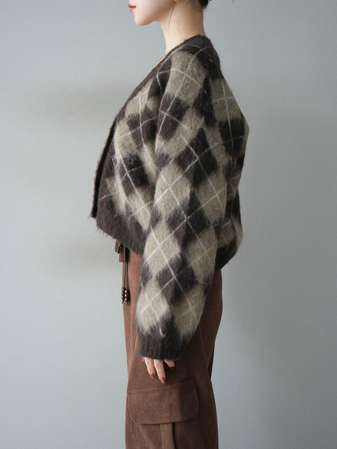 [予約]アーガイルシャギーニットカーディガン/brown