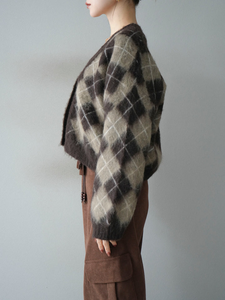 [予約]アーガイルシャギーニットカーディガン/brown