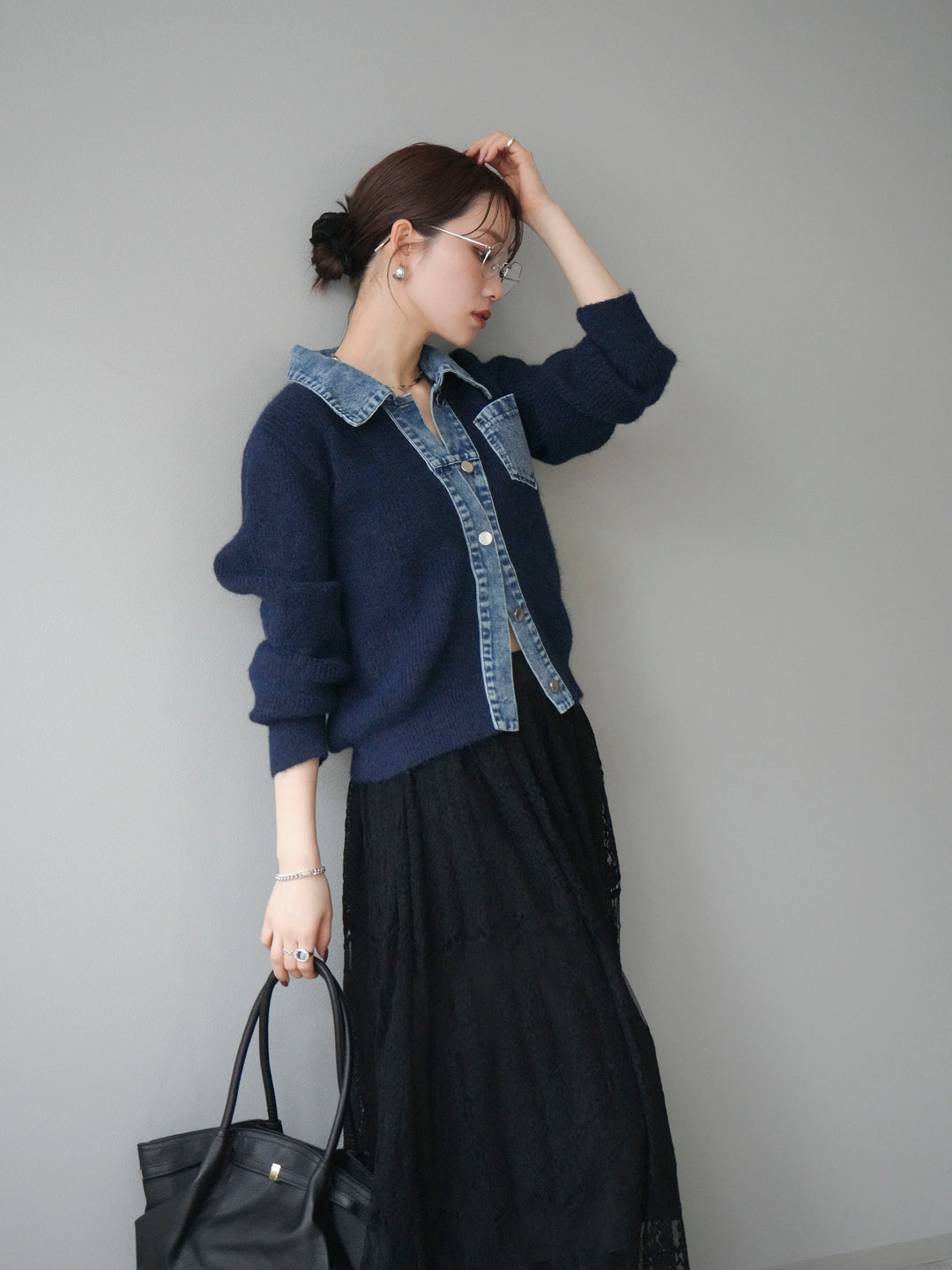 [予約]デニム襟ポケットニットカーディガン/navy