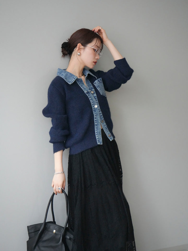[予約]デニム襟ポケットニットカーディガン/navy