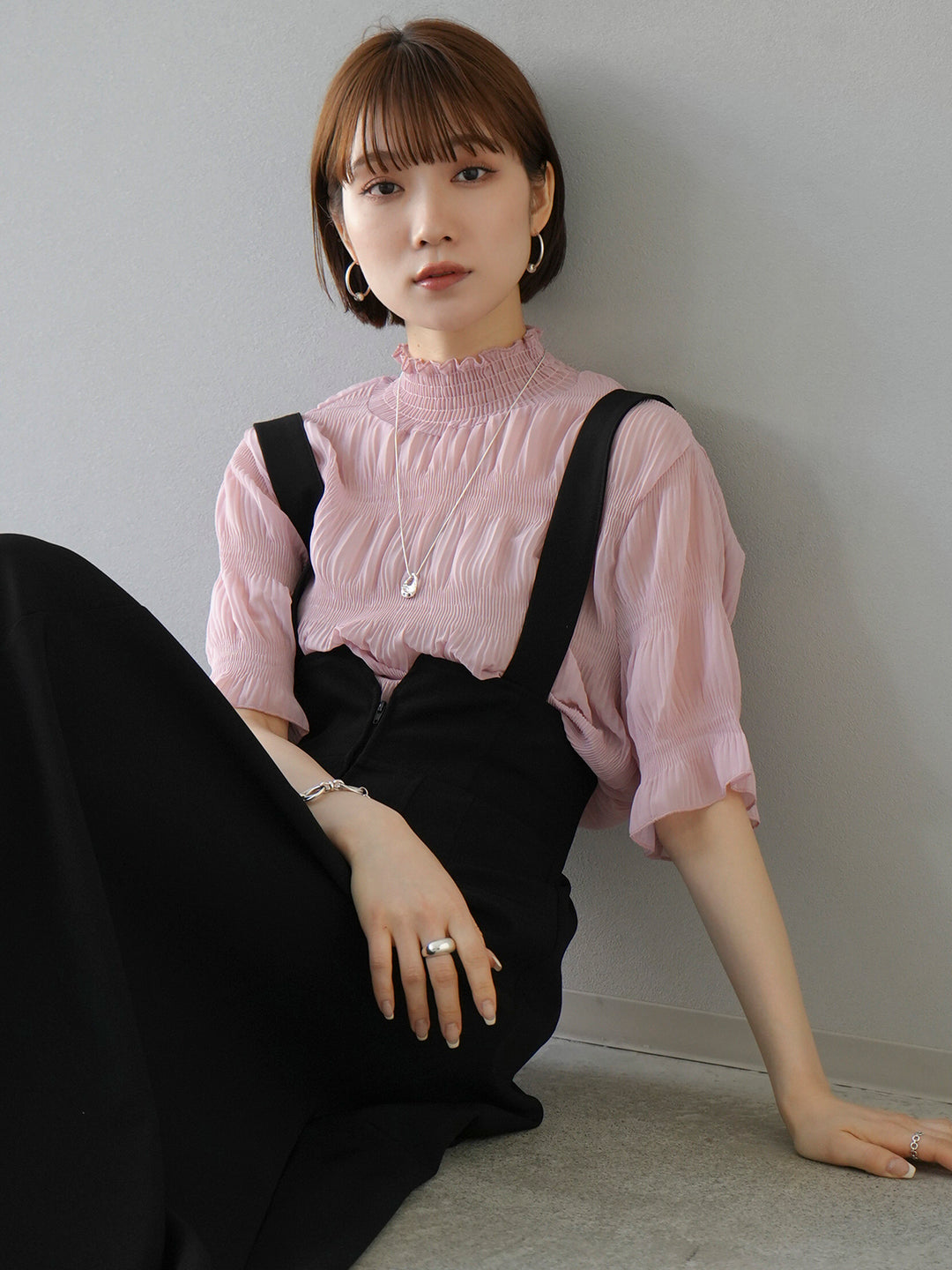 [SET] Shirring chiffon half sleeve blouse + 2WAY flare jumper skirt (2set)