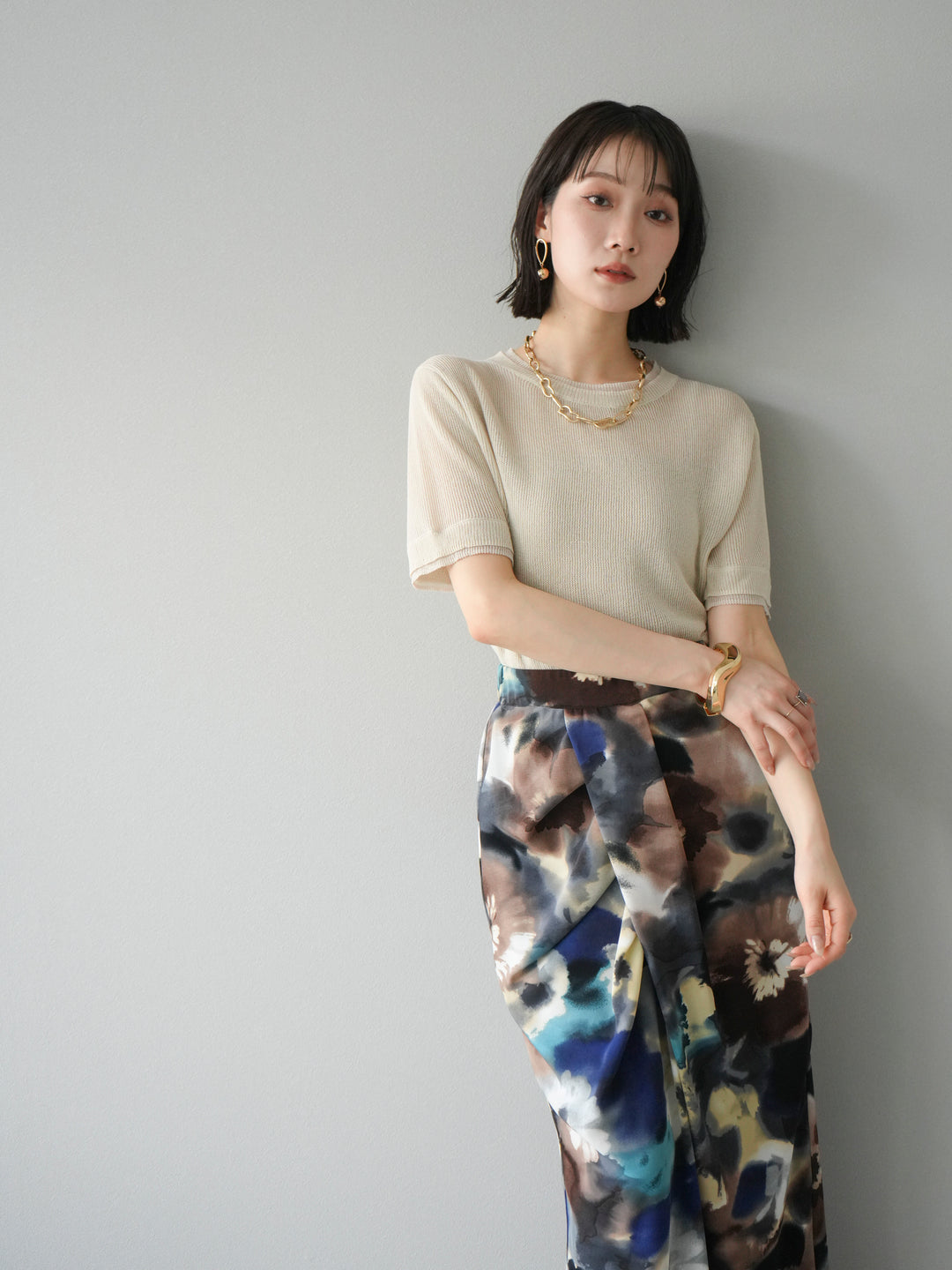 [SET]リネンタッチ配色二重臼ハーフニットトップス+選べるアソート柄スカートセット(2set)