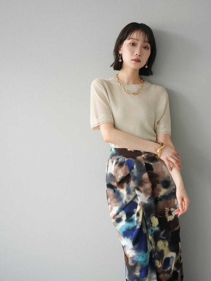 [SET]リネンタッチ配色二重臼ハーフニットトップス+選べるアソート柄スカートセット(2set)