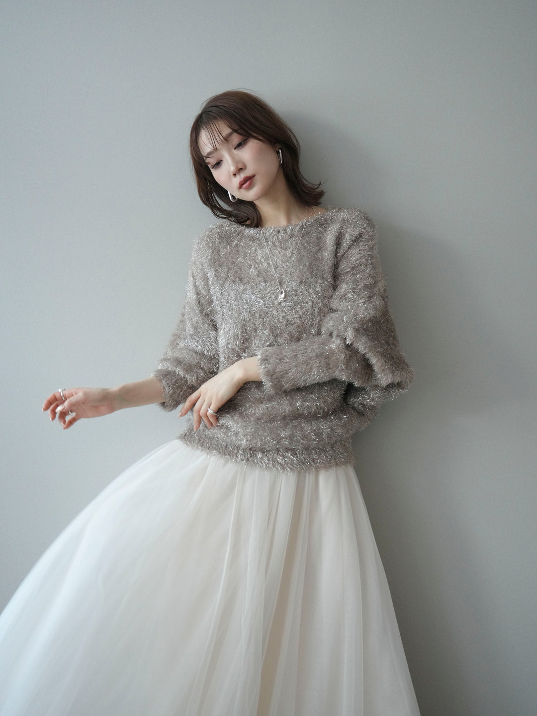 [予約]ラメシャギードルマンニットプルオーバー/beige