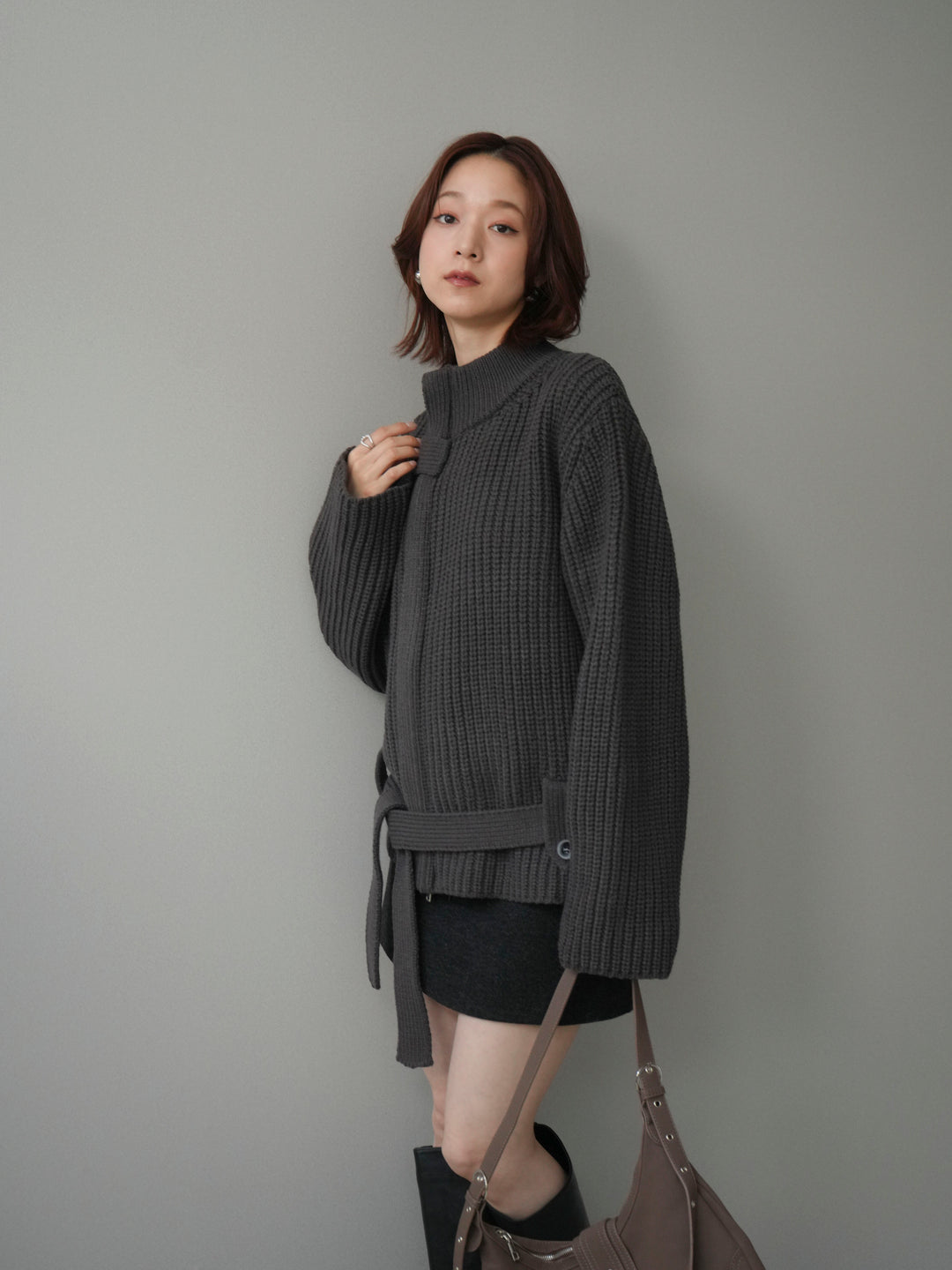 [予約]畦編みボトルネックZIPニットカーディガン/ gray