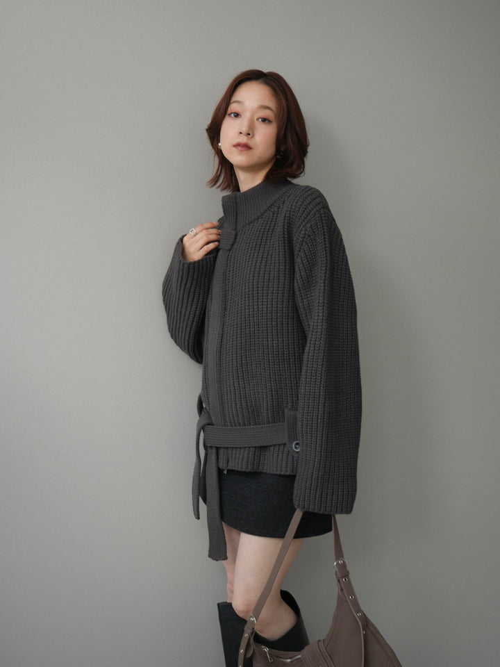 [予約]畦編みボトルネックZIPニットカーディガン/ gray