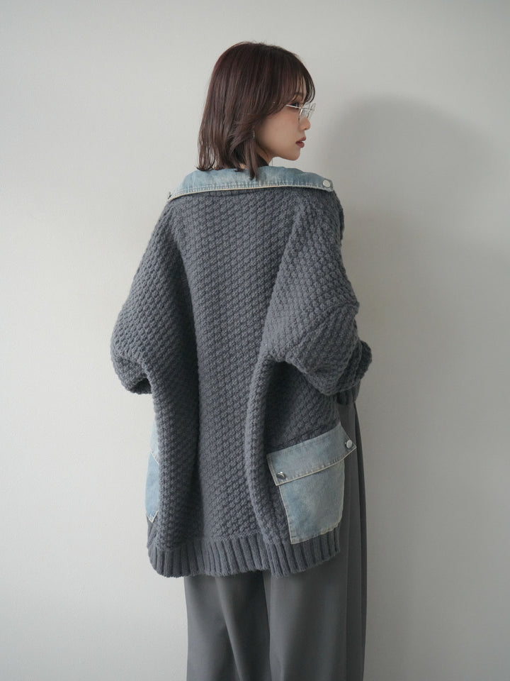 [SET]デニム襟レイヤードニットジャケット+デニム襟レイヤードニットジャケット(2set)
