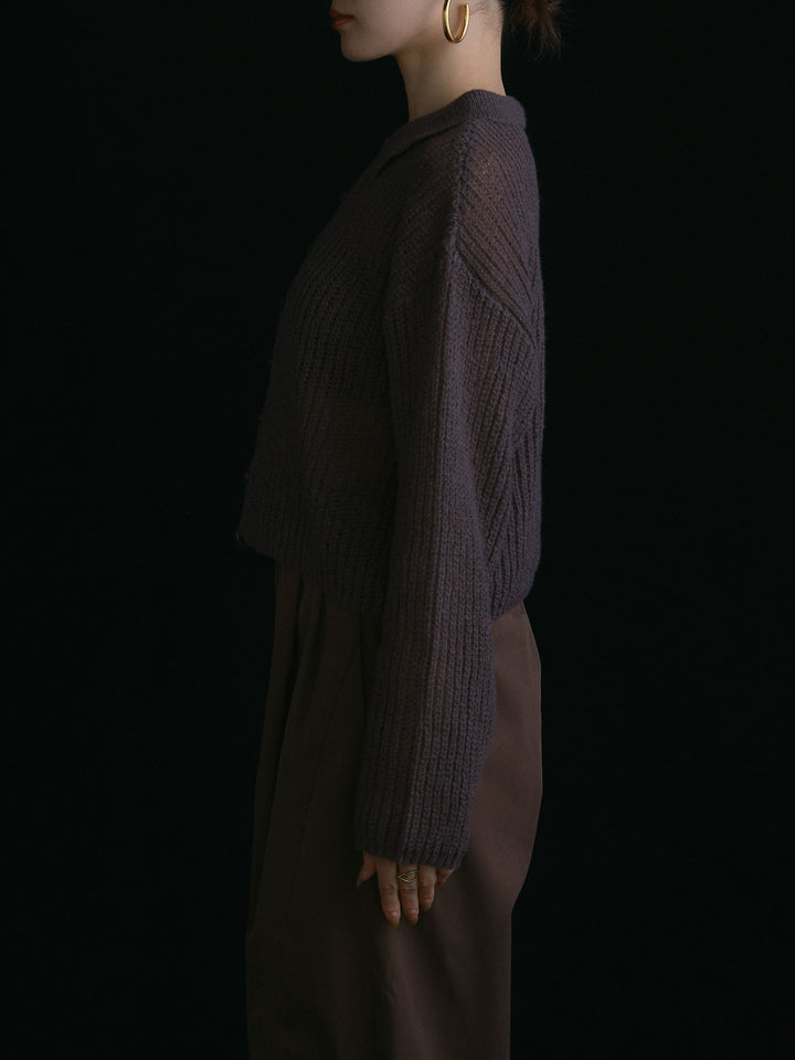 [予約]起毛片畦編みシアーポロニット/ブラウン