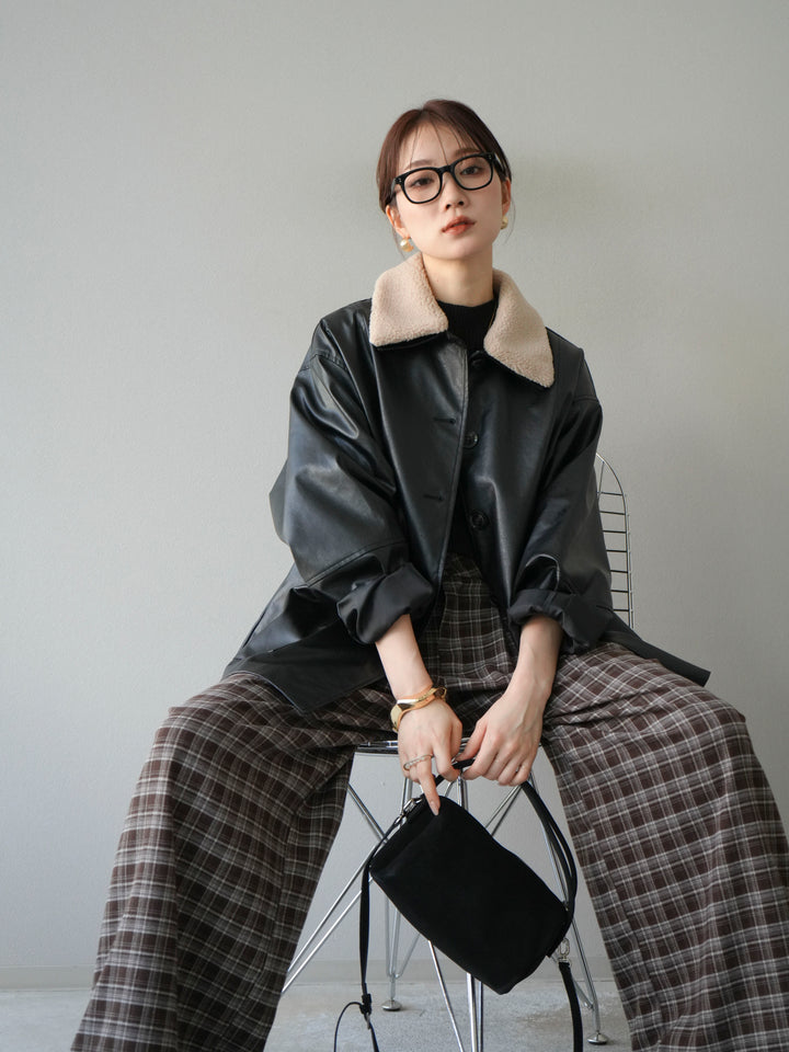 [予約]襟ボアレザーブルゾン/ブラック