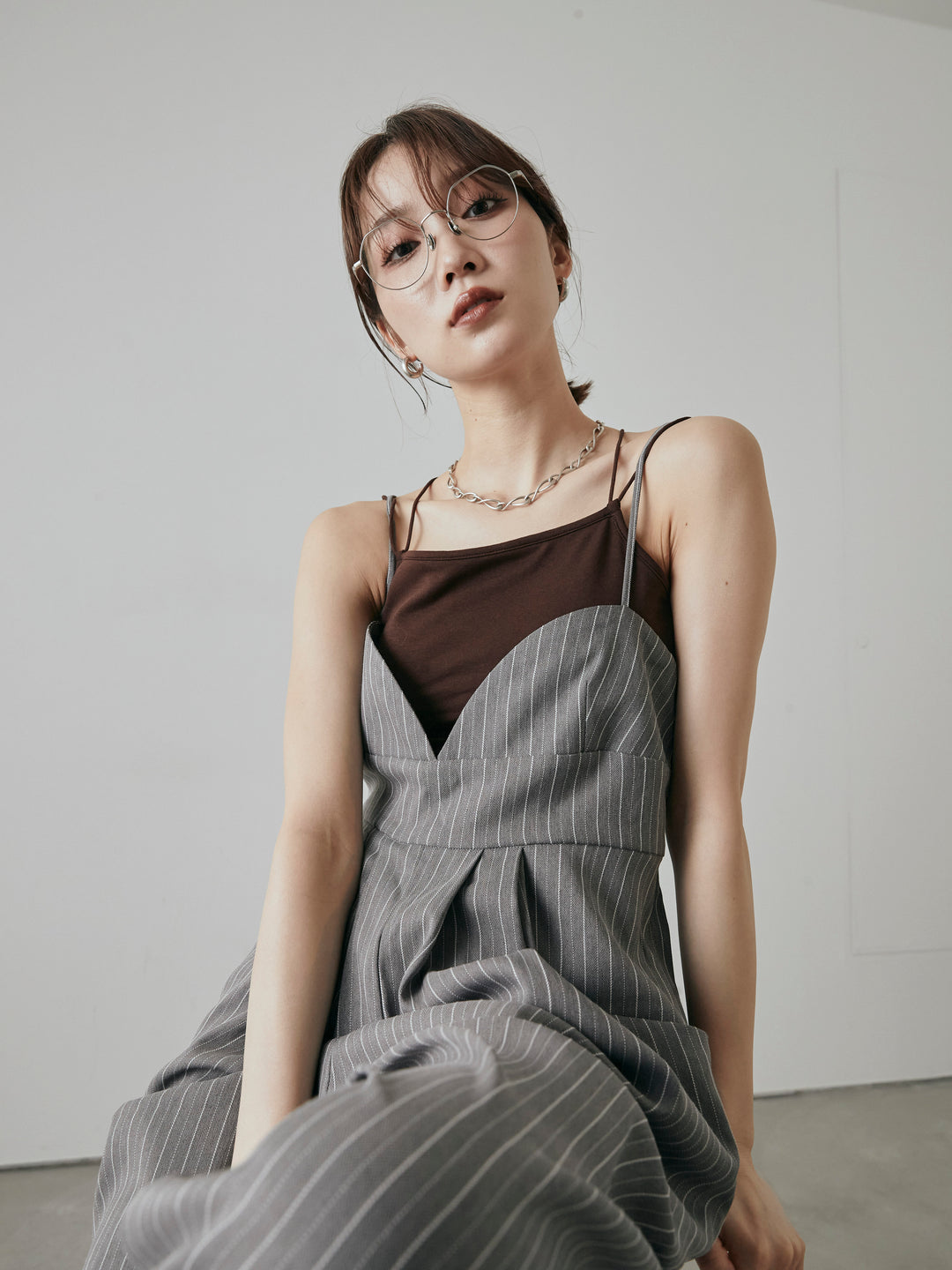 [予約]ヘリンボーンストライプサロペット/チャコール