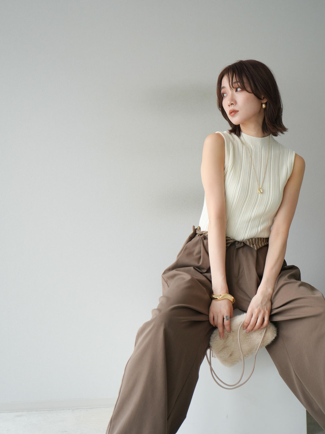 [予約]スリーブレスランダムリブニットトップス/アイボリー