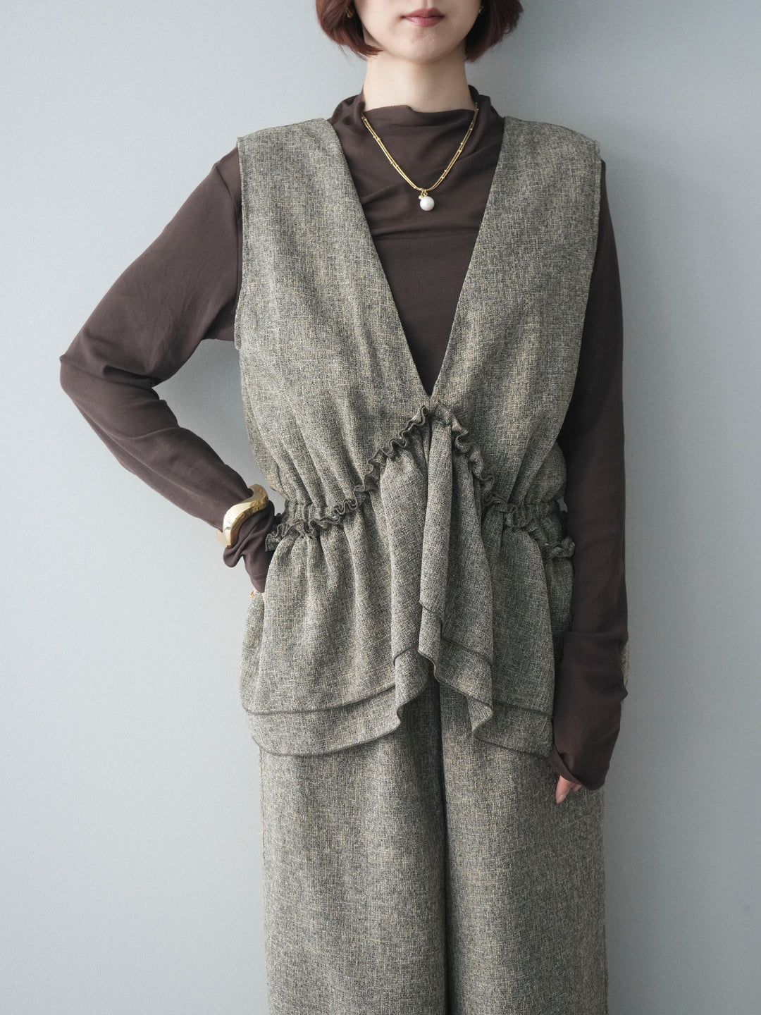 [SET]3WAYミックスツイードギャザーオールインワン+シアープチネックストレッチトップス(2set)