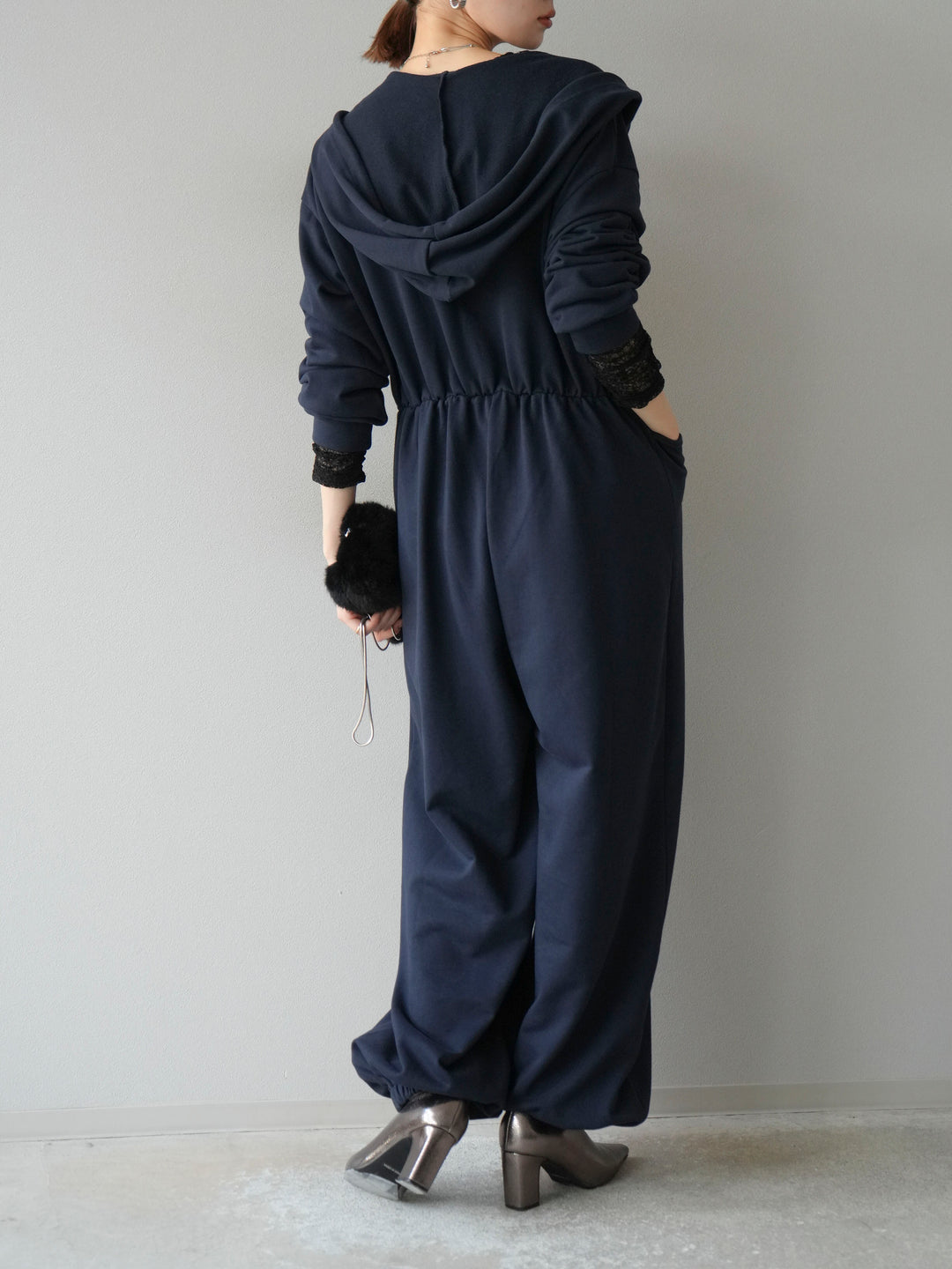 [予約]ミニ裏毛フーディージャンプスーツ/ダークネイビー