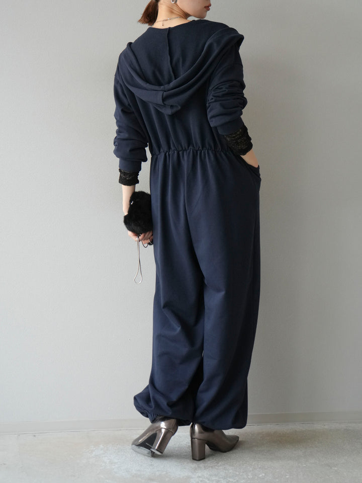 [予約]ミニ裏毛フーディージャンプスーツ/ダークネイビー