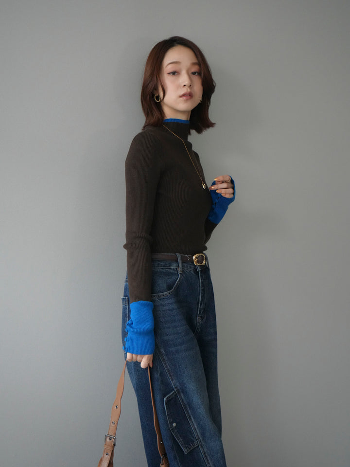 [予約]袖ボタンハイネック配色リブニットトップス/brown