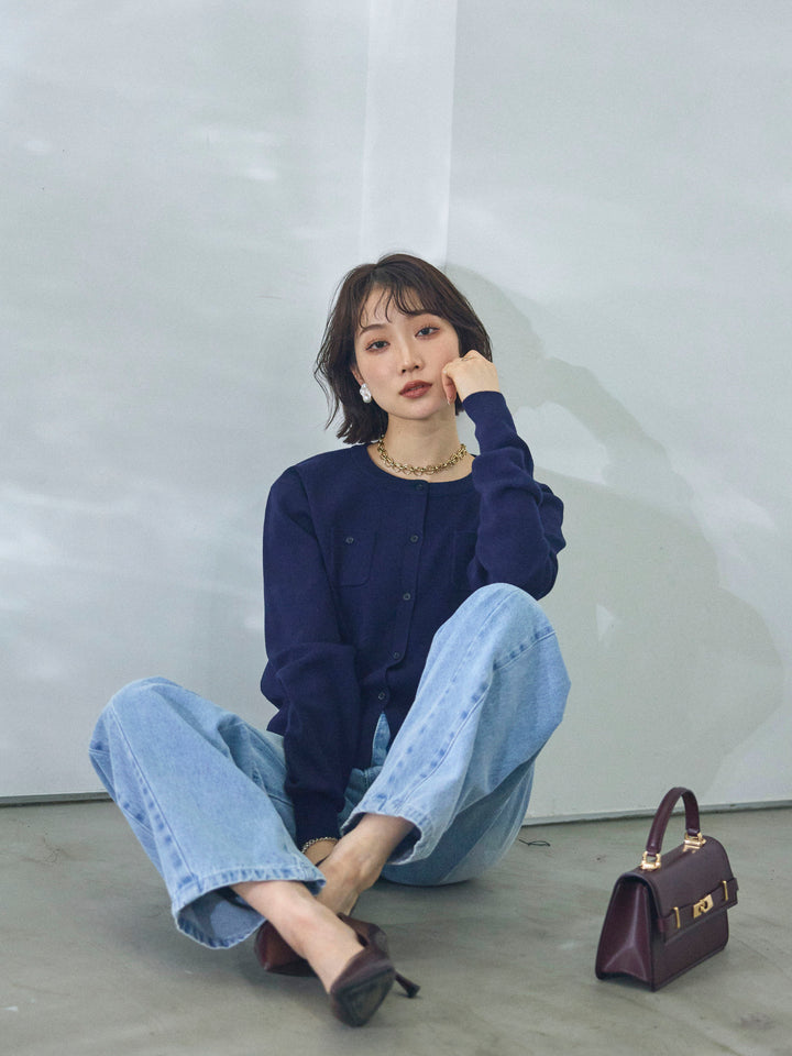 【Allure】[SET]ミニポケットニットカーディガン+アシメカーブデニムパンツ(2set)