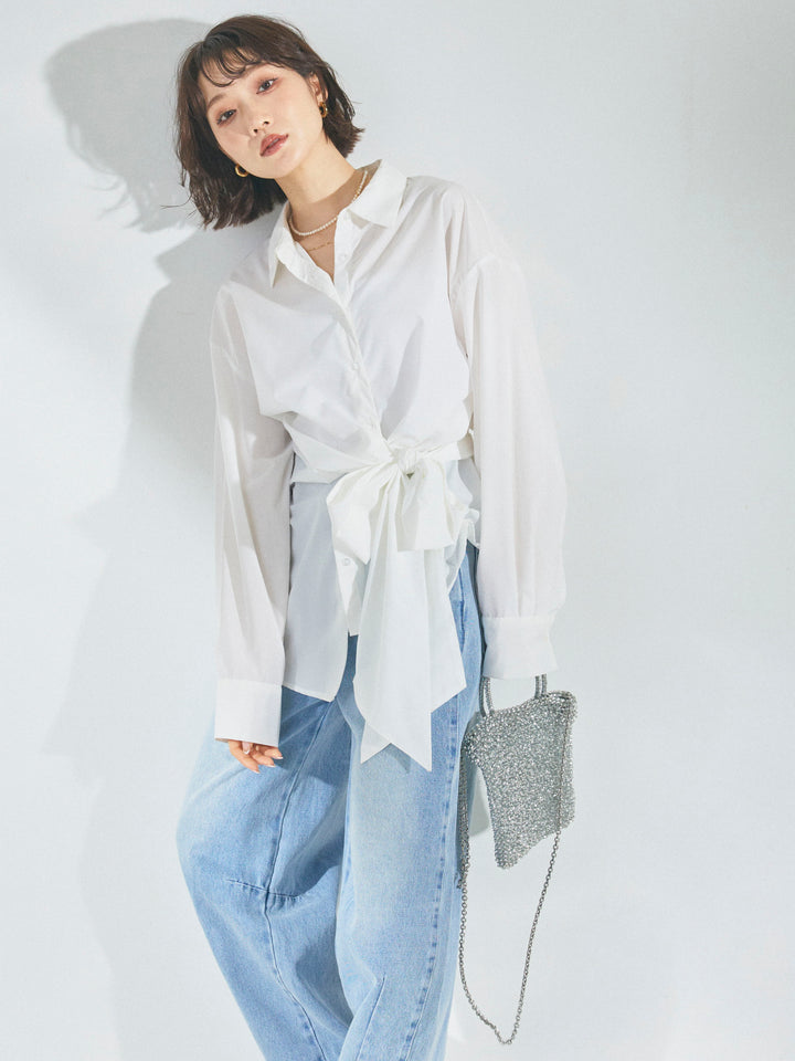 【Allure】[SET]ウエストアシメリボンシャツ+アシメカーブデニムパンツ(2set)