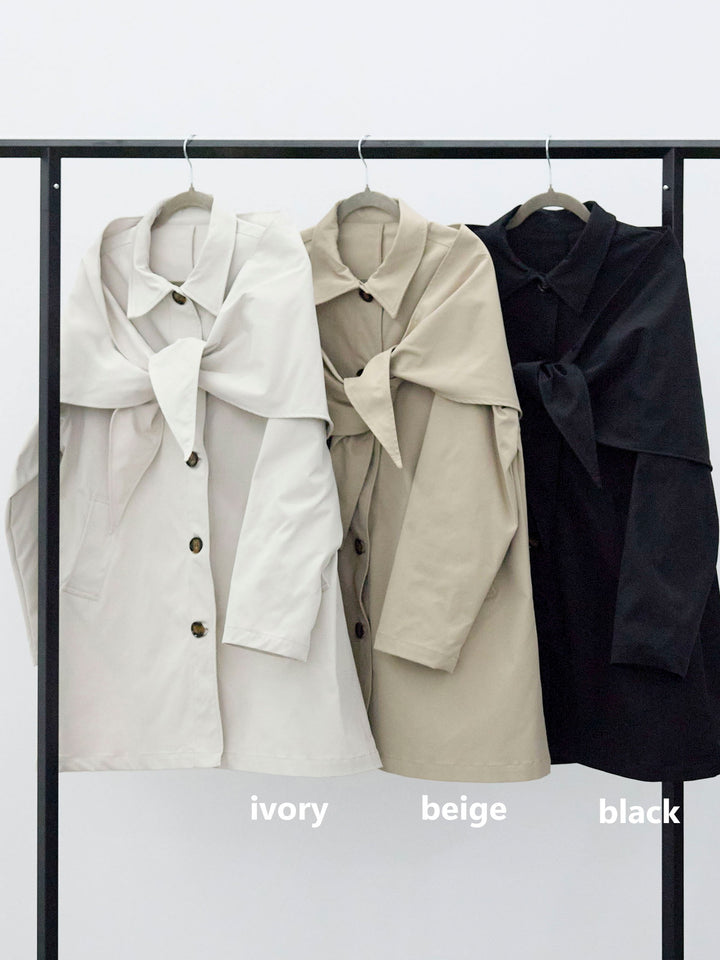 【Allure】[SET]スカーフ付ステンカラーミディアムコート+スカーフ付ステンカラーミディアムコート(2set)