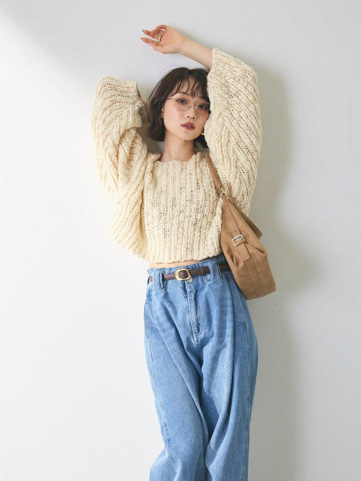 【Allure】[SET]クロップドチャンキースラブニットプルオーバー+ハイウエストベルトループデザインデニムパンツ(2set)