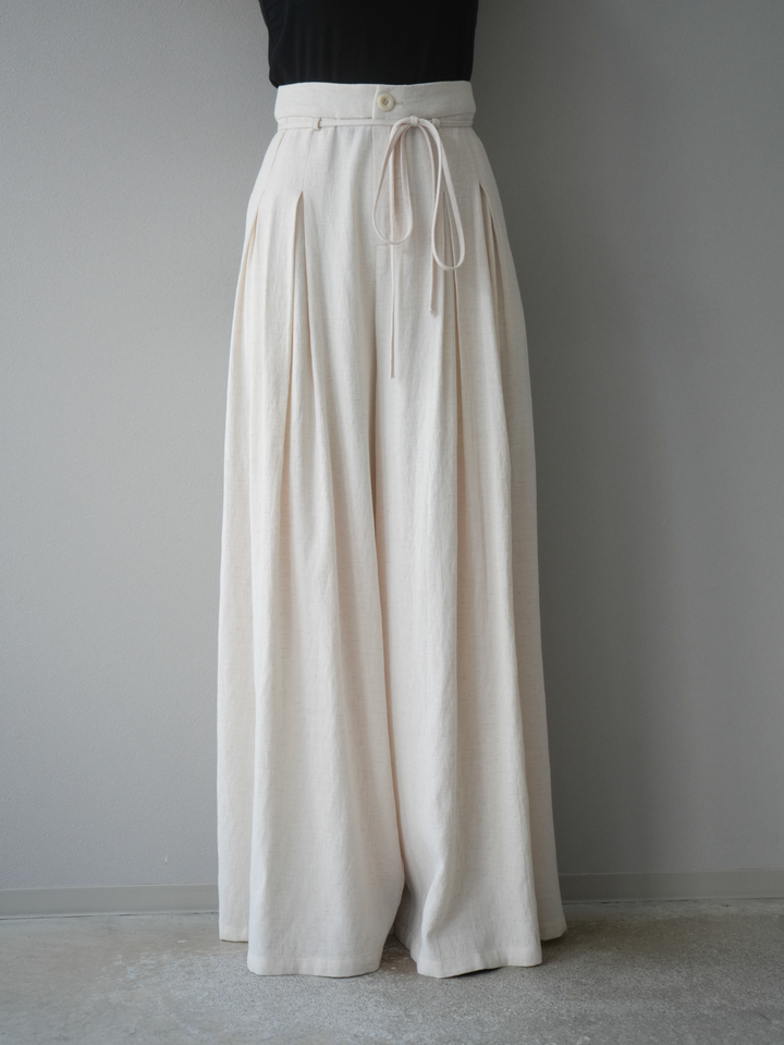 【預購】仿亞麻雙褶設計寬褲/象牙白