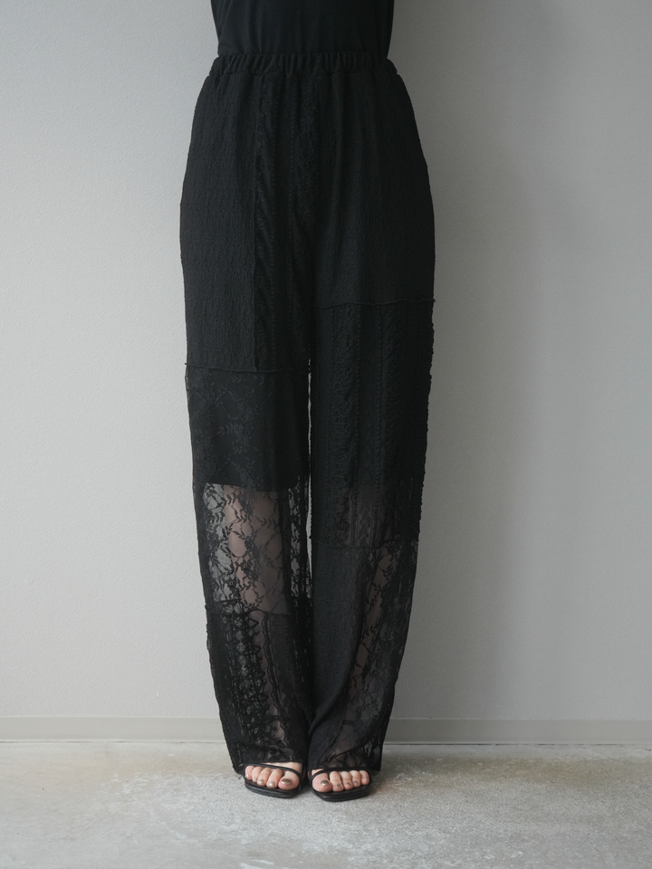 【預購】拼布蕾絲寬褲/黑