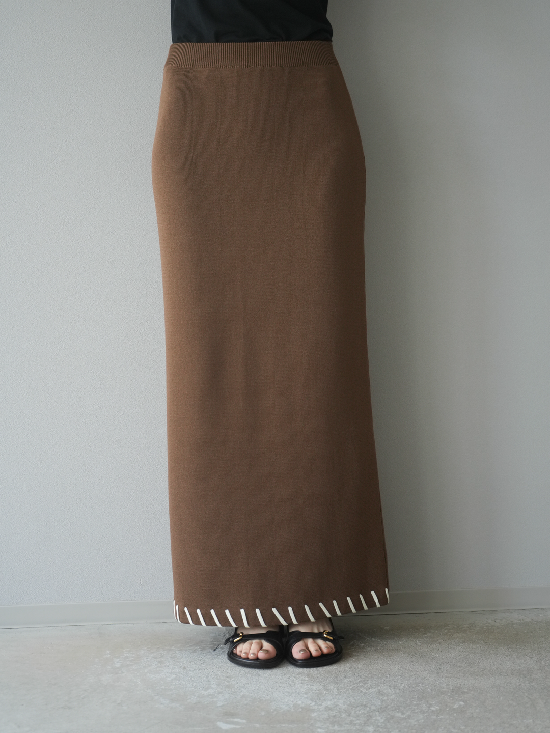 [予約]リネンタッチハンドステッチニットタイトスカート/モカ