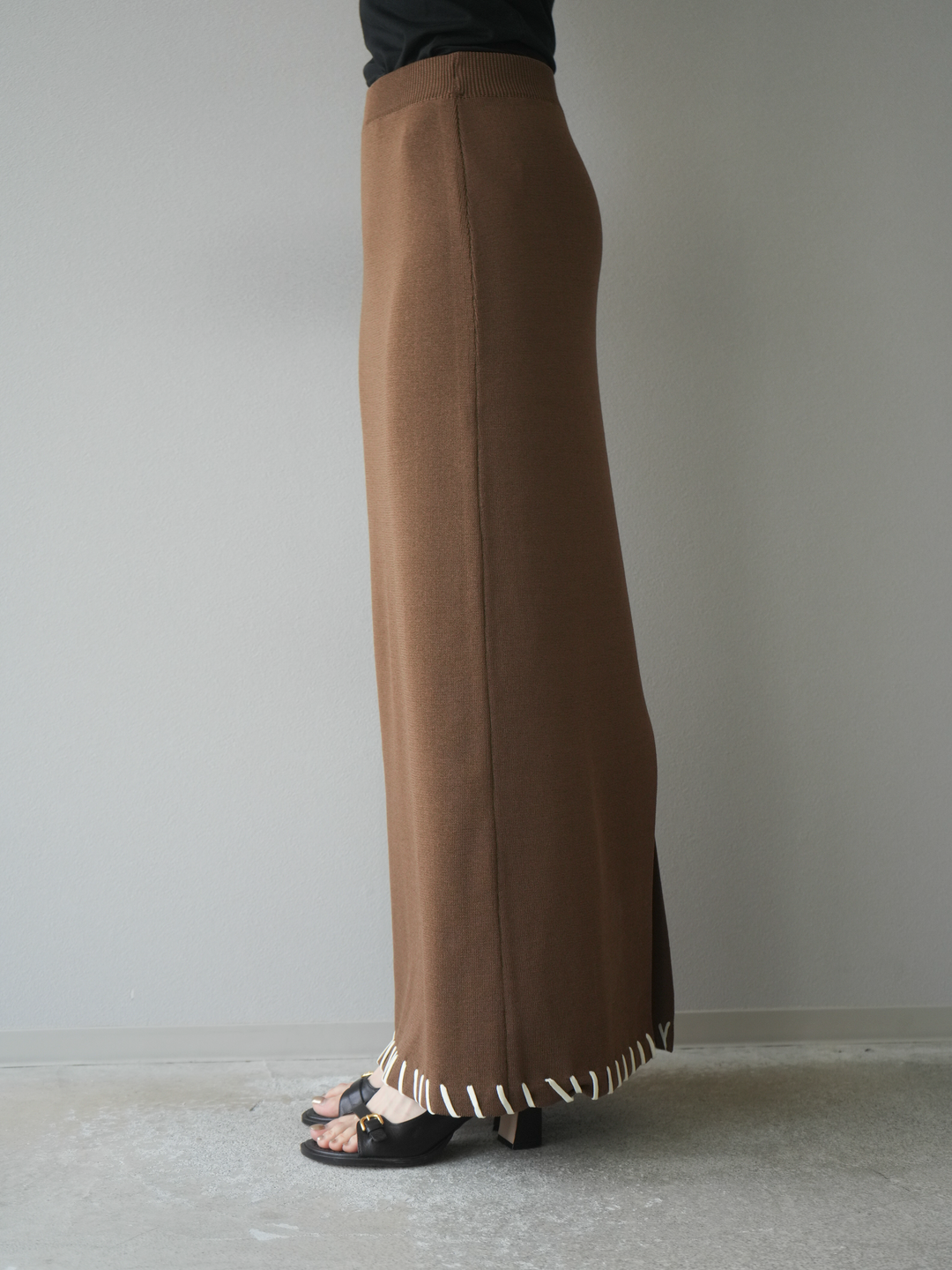 [予約]リネンタッチハンドステッチニットタイトスカート/モカ
