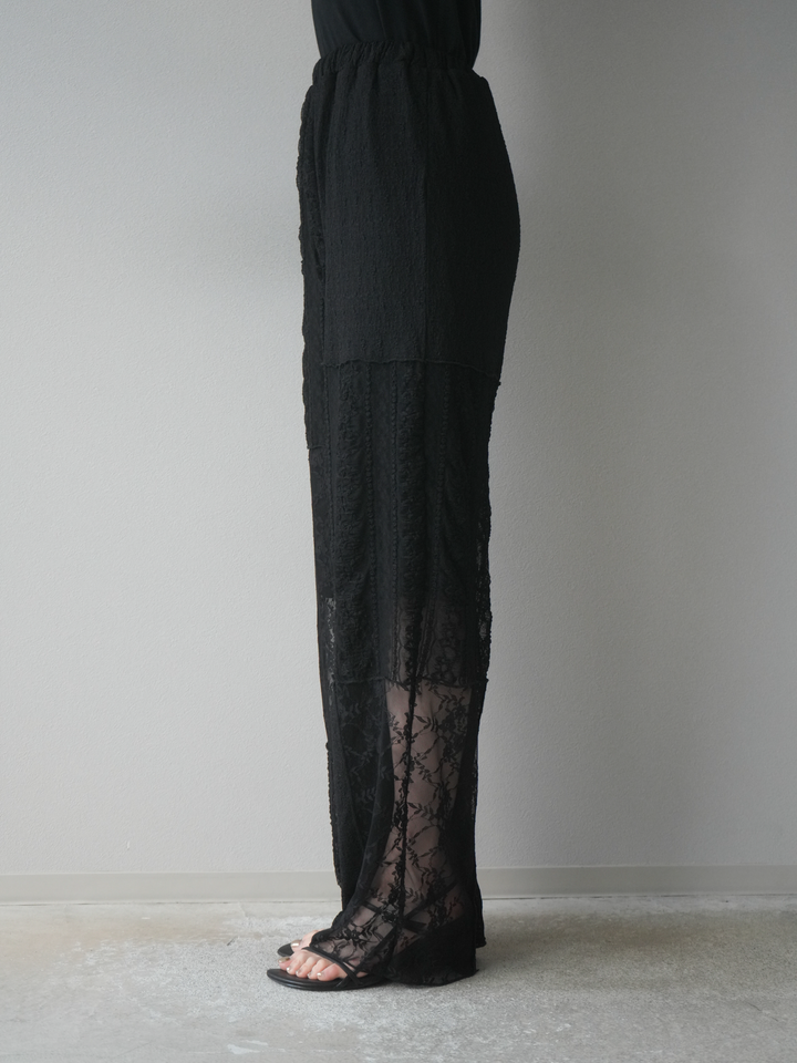 【預購】拼布蕾絲寬褲/黑