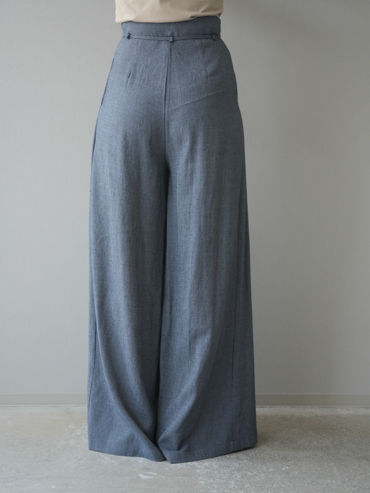 【預購】仿亞麻雙褶設計寬褲/藏青色