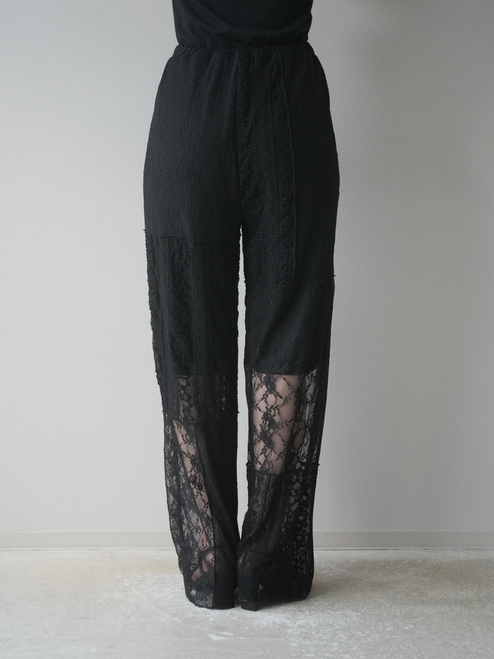 【預購】拼布蕾絲寬褲/黑